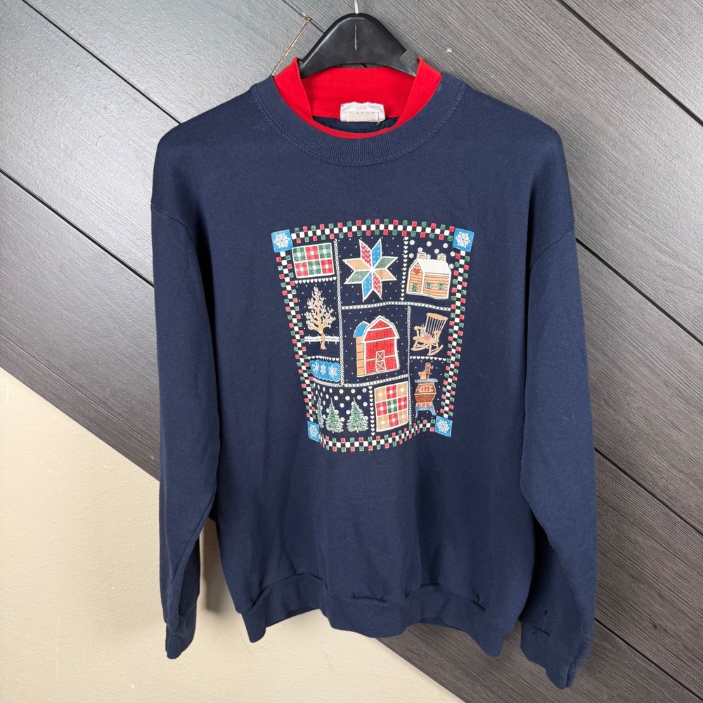 Vintage Lee Made In USA Christmas Patchwork Graphic Sweatshirt Large Navy
